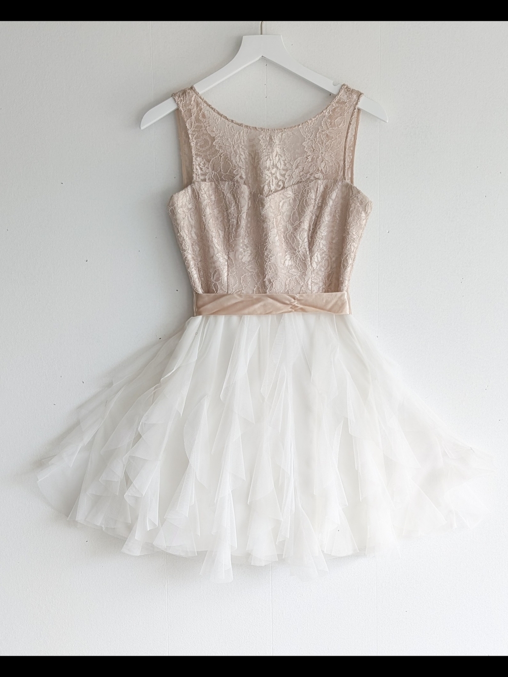 Teeze Me Champagne Lace Chiffon Tulle Flutter Dress, Size 7 M Prom Sleeveless